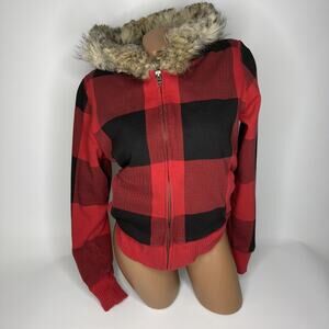American Eagle Y2K Fur Fleece Lined Zip Up Hoodie Red Plaid Grunge Punk Size L
